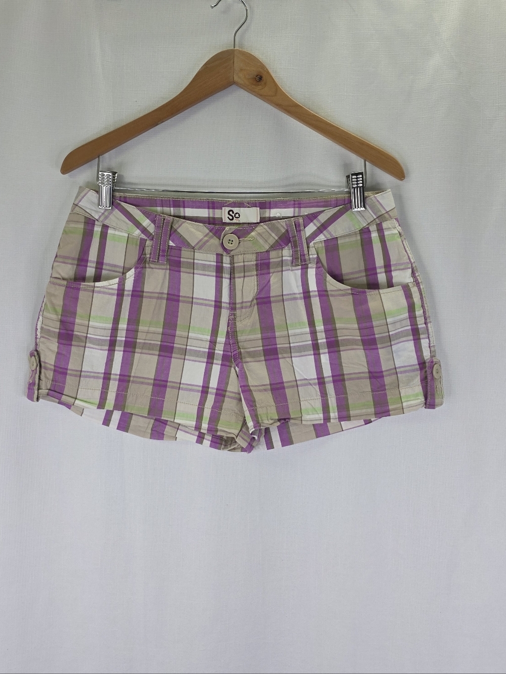 SO Y2k Vintage Low Rise Preppy Plaid Mini Shorts Pink Green Size 9 Juniors 2000s - Picture 2 of 13